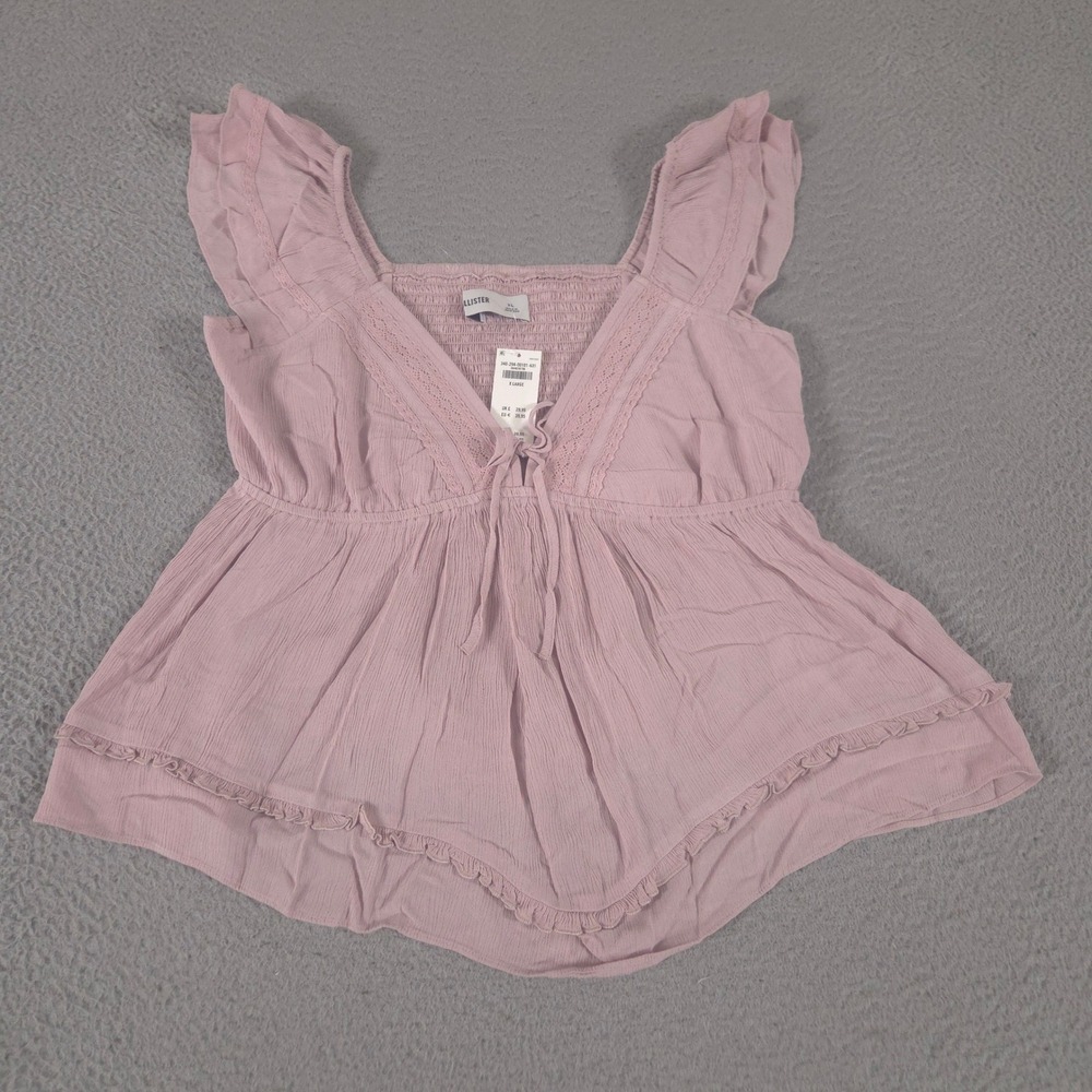 Hollister Top Womens XL Babydoll Ruffle Flutter Sleeve Lace Trim Boho NEW $40
